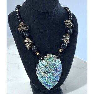 Vintage Carved Abalone Shell Leaf Statement Necklace Boho Black Beaded 80s 90s